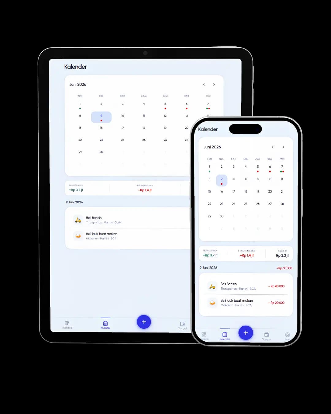 Tampilan kalender transaksi bulanan